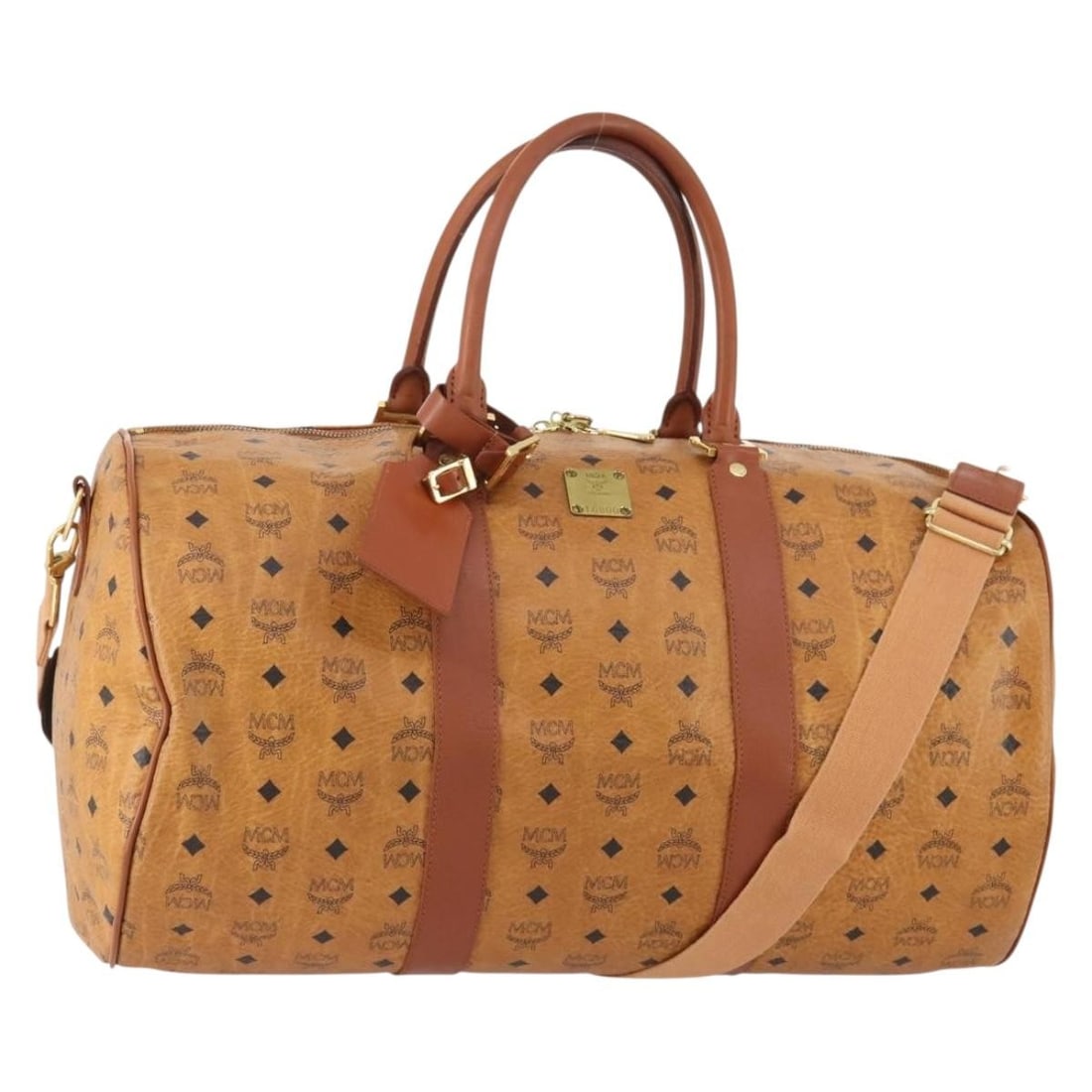 MCM Vicetos Logogram PVC Boston Bag Brown Gold with Shoulder Strap: MCM Vicetos Logogram PVC Boston Bag Brown Gold with Shoulder Strap This MCM Vicetos Logogram Boston Bag is crafted from durable PVC leather in brown and gold tones. Designed for women, it features bot