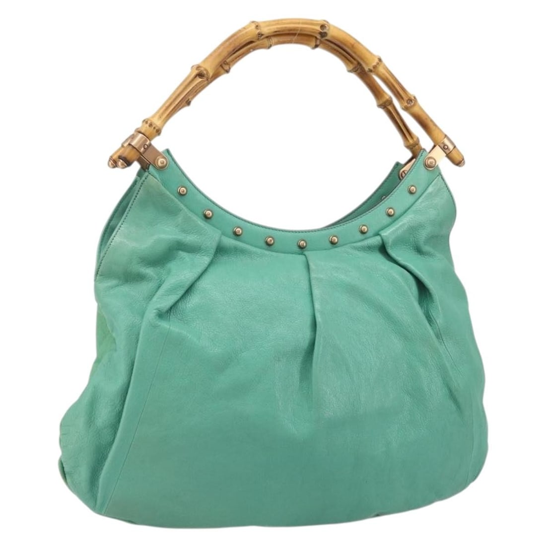 Leather Gucci Bamboo Shoulder Bag Green Gold 124293 Italy Made: Leather Gucci Bamboo Shoulder Bag Green Gold 124293 Italy Made This Gucci Bamboo shoulder bag features green leather with gold-tone hardware. Designed with a shoulder strap drop of approximately 7.1 i