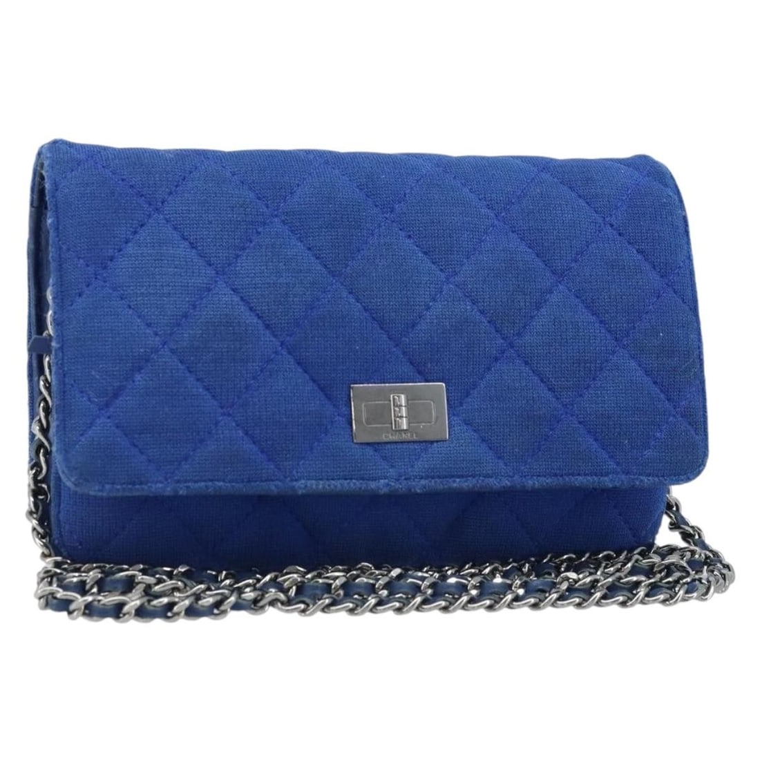 CHANEL 2.55 Matelasse Canvas Shoulder Bag Navy Silver CC: CHANEL 2.55 Matelasse Canvas Shoulder Bag Navy Silver CC CHANEL Chain Matelasse 2.55 shoulder bag in navy canvas with silver-tone accents. Made in France, this women's shoulder bag features a compact 