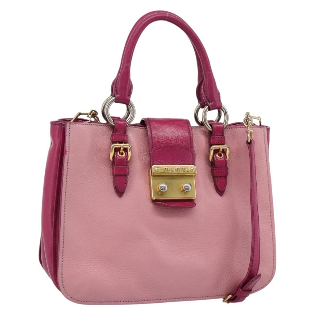 Miu Miu pink gold leather shoulder bag with strap: Miu Miu pink gold leather shoulder bag with strap This Miu Miu Madras handbag is crafted from leather in a pink and gold color combination. Designed for versatility, it features both handles and a det