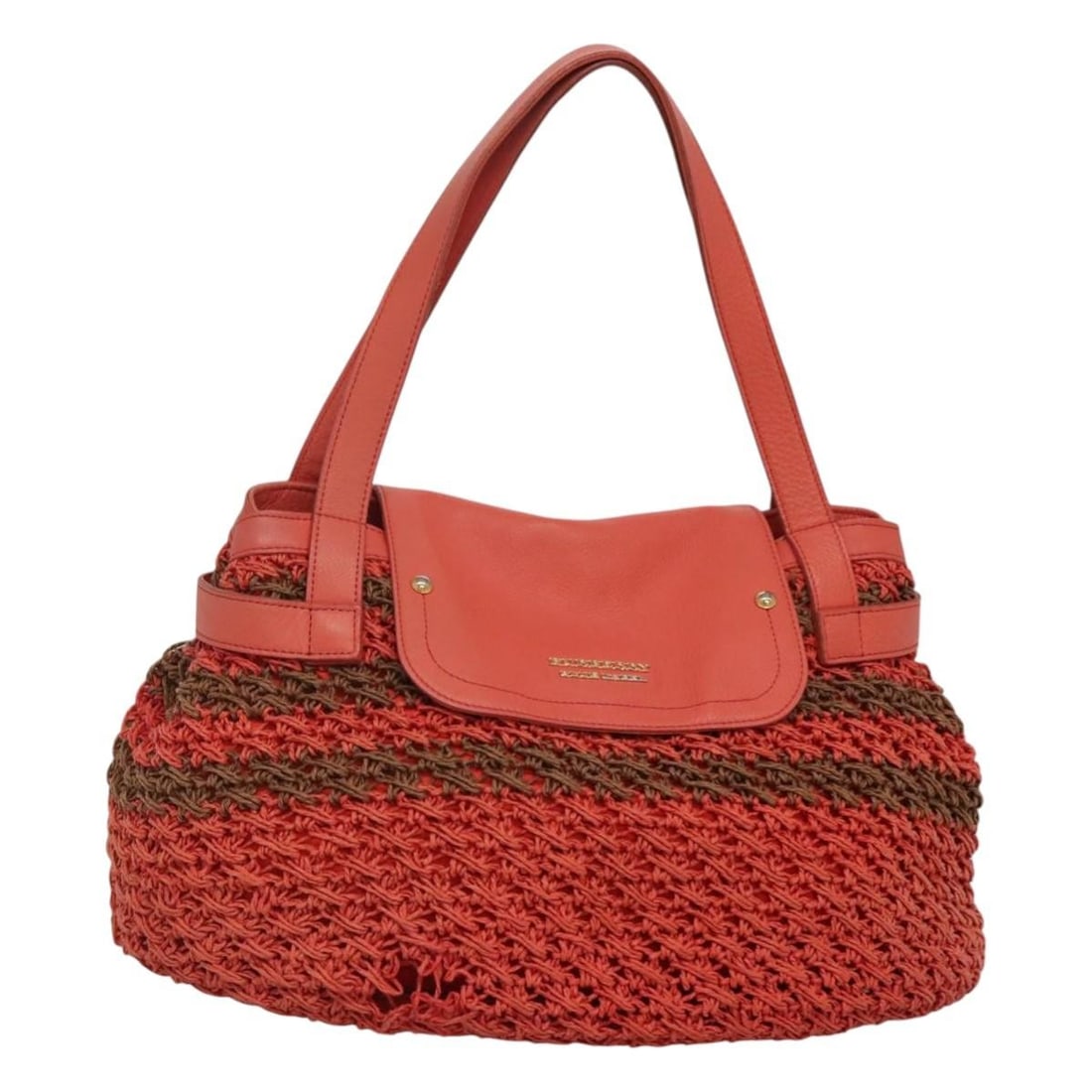 Burberry Blue Label Orange Canvas Tote Bag Made in Japan: Burberry Blue Label Orange Canvas Tote Bag Made in Japan This Burberry Blue Label tote bag features an orange canvas exterior with raffia detailing. Designed for women, it offers a spacious interior a