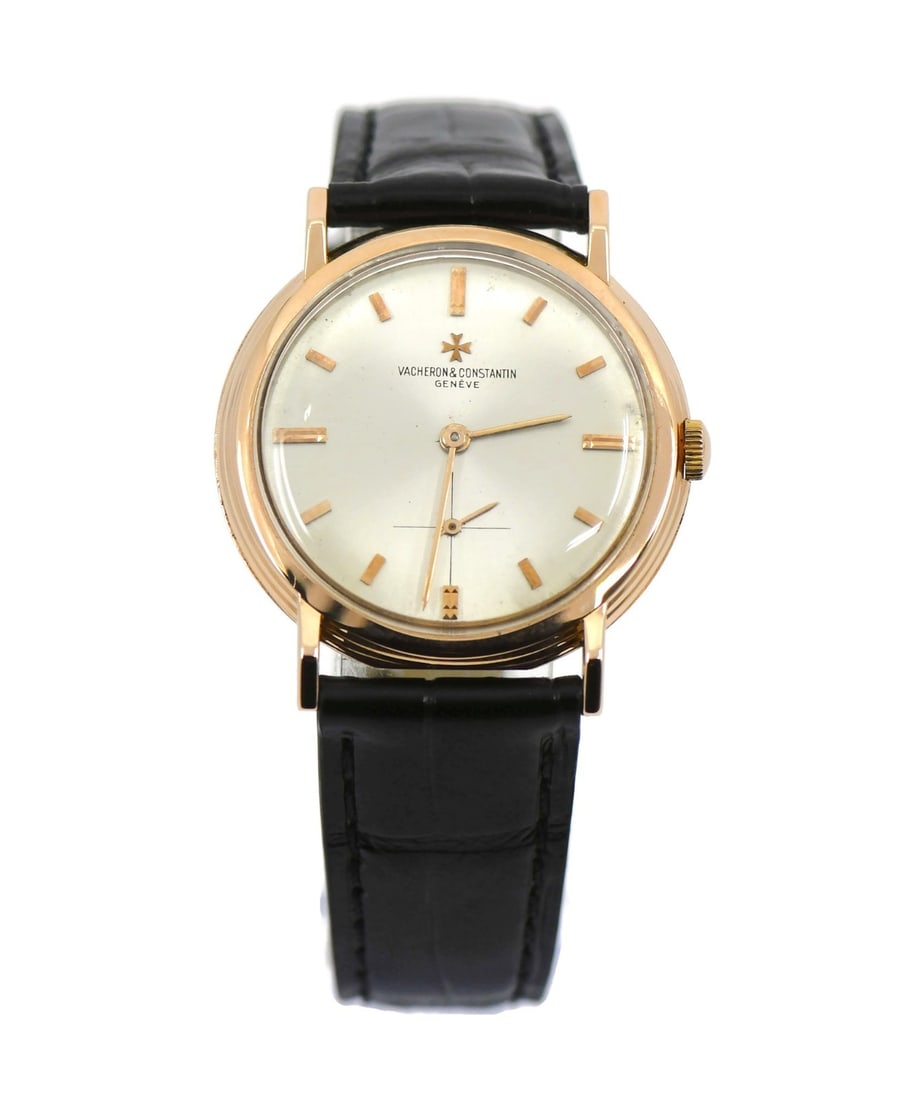 Vacheron Constantin 18K Rose Gold Manual Wind Leather Strap Wristwatch: Vacheron Constantin 18K Rose Gold Manual Wind Leather Strap Wristwatch This Vacheron Constantin vintage wristwatch features an 18K rose gold case and a silver dial. It is powered by a mechanical manua