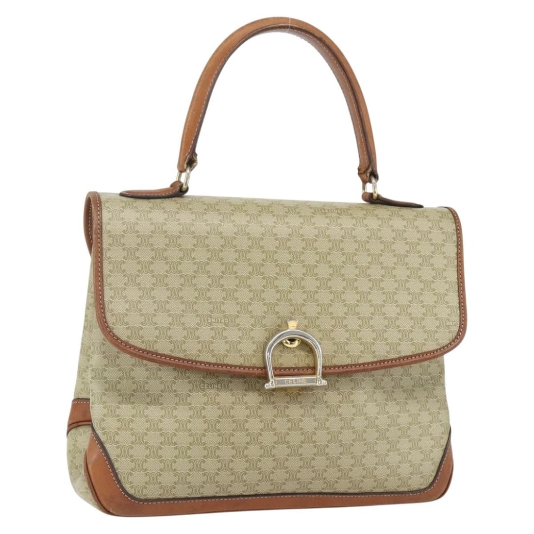 CELINE Macadam Beige Gold PVC Hand Bag Italy Authentic: CELINE Macadam Beige Gold PVC Hand Bag Italy Authentic This CELINE Macadam Canvas Hand Bag is a sophisticated accessory crafted from durable PVC leather with a chic beige and gold exterior. Made in It