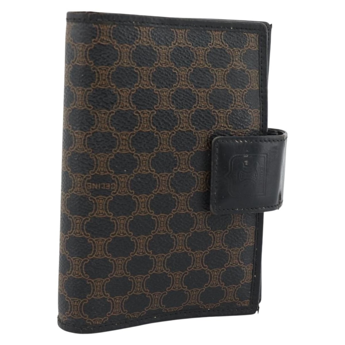 CELINE Macadam Day Planner Cover Black PVC Leather Gold Tone: CELINE Macadam Day Planner Cover Black PVC Leather Gold Tone Authentic CELINE Macadam canvas day planner cover in black with gold-tone accents. This women's planner cover is made of PVC leather and Ma