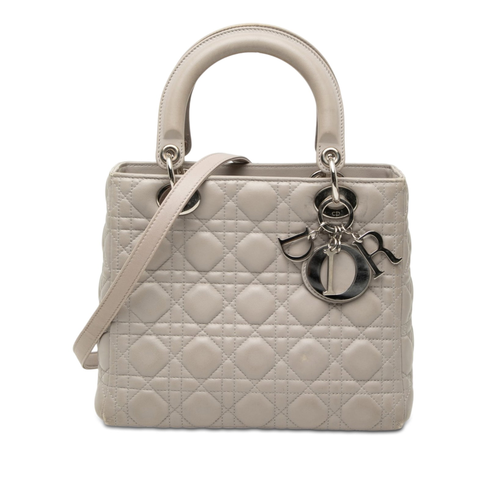 Dior Lady Dior Medium Gray Lambskin Cannage Handbag: Dior Lady Dior Medium Gray Lambskin Cannage Handbag Medium Lady Dior handbag in gray lambskin with Cannage quilting. This bag features flat leather handles, a detachable strap, a top zip closure, and 