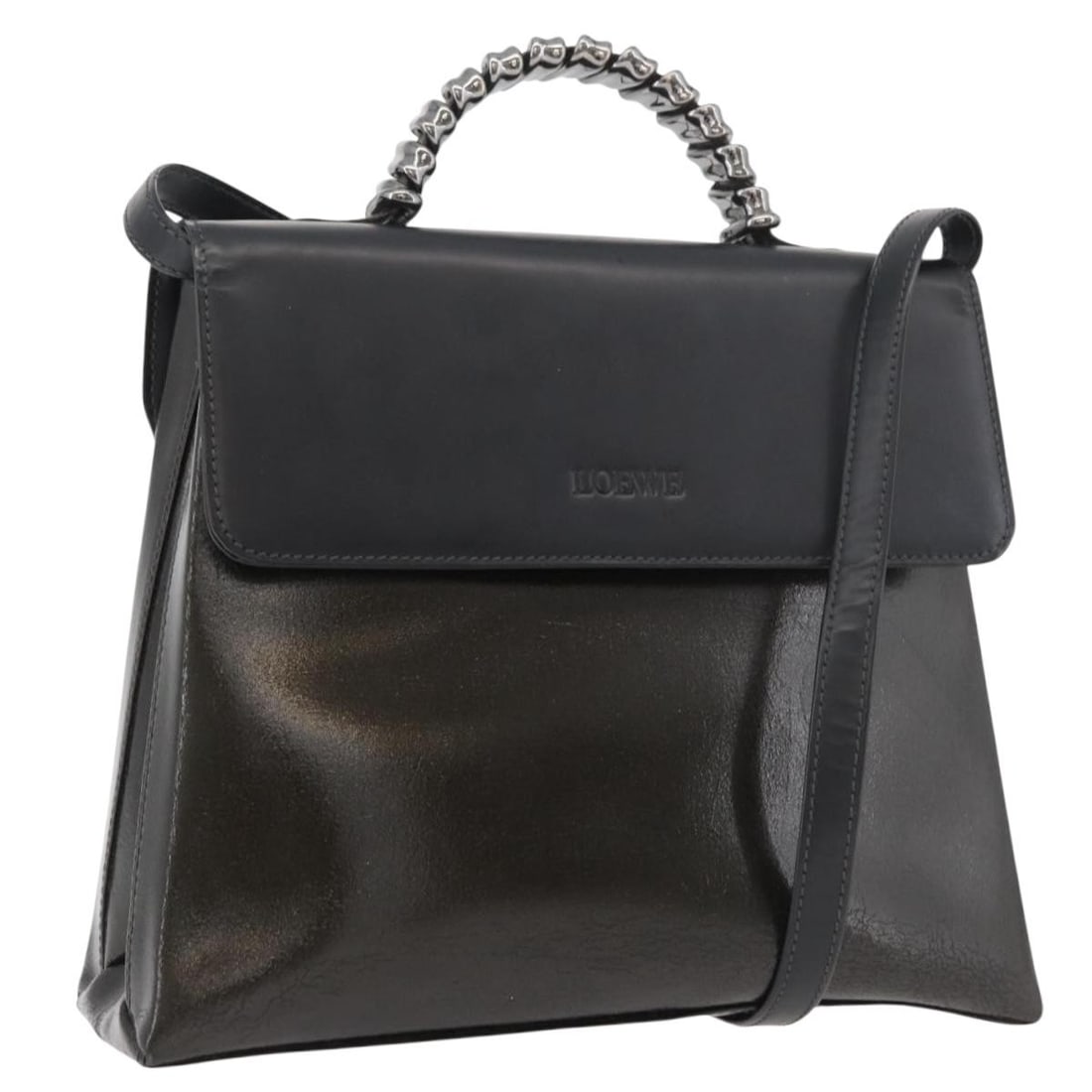 LOEWE Black Leather Shoulder Bag with Strap: LOEWE Black Leather Shoulder Bag with Strap This LOEWE 2-way handbag is crafted from black and silver leather and can be carried by hand or worn over the shoulder with the included strap. Designed for