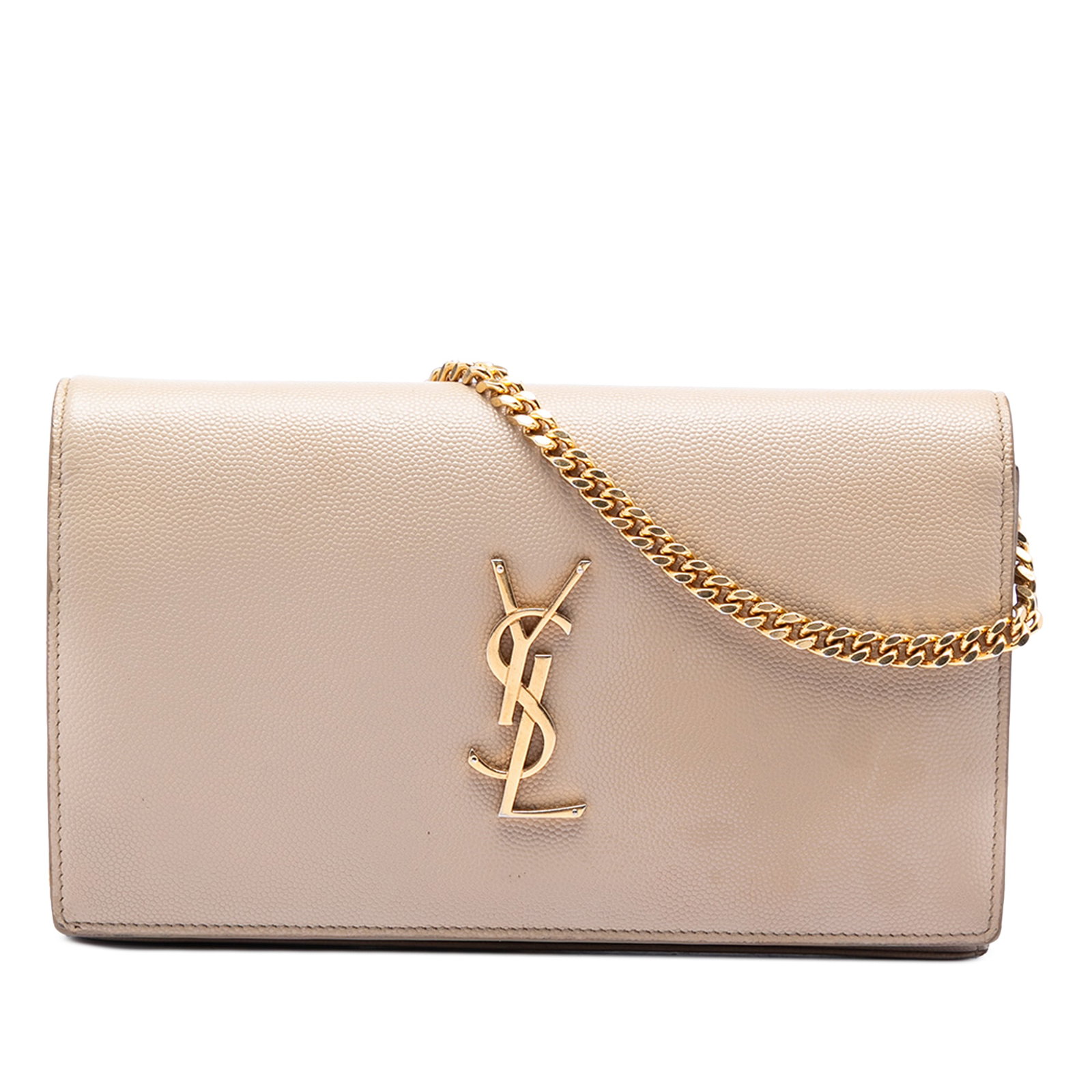 Saint Laurent Kate Monogram Chain Wallet Beige Leather: Saint Laurent Kate Monogram Chain Wallet Beige Leather This Saint Laurent Grain De Poudre Monogram Kate Wallet On Chain features a beige leather body with a chain link strap and a front flap secured b