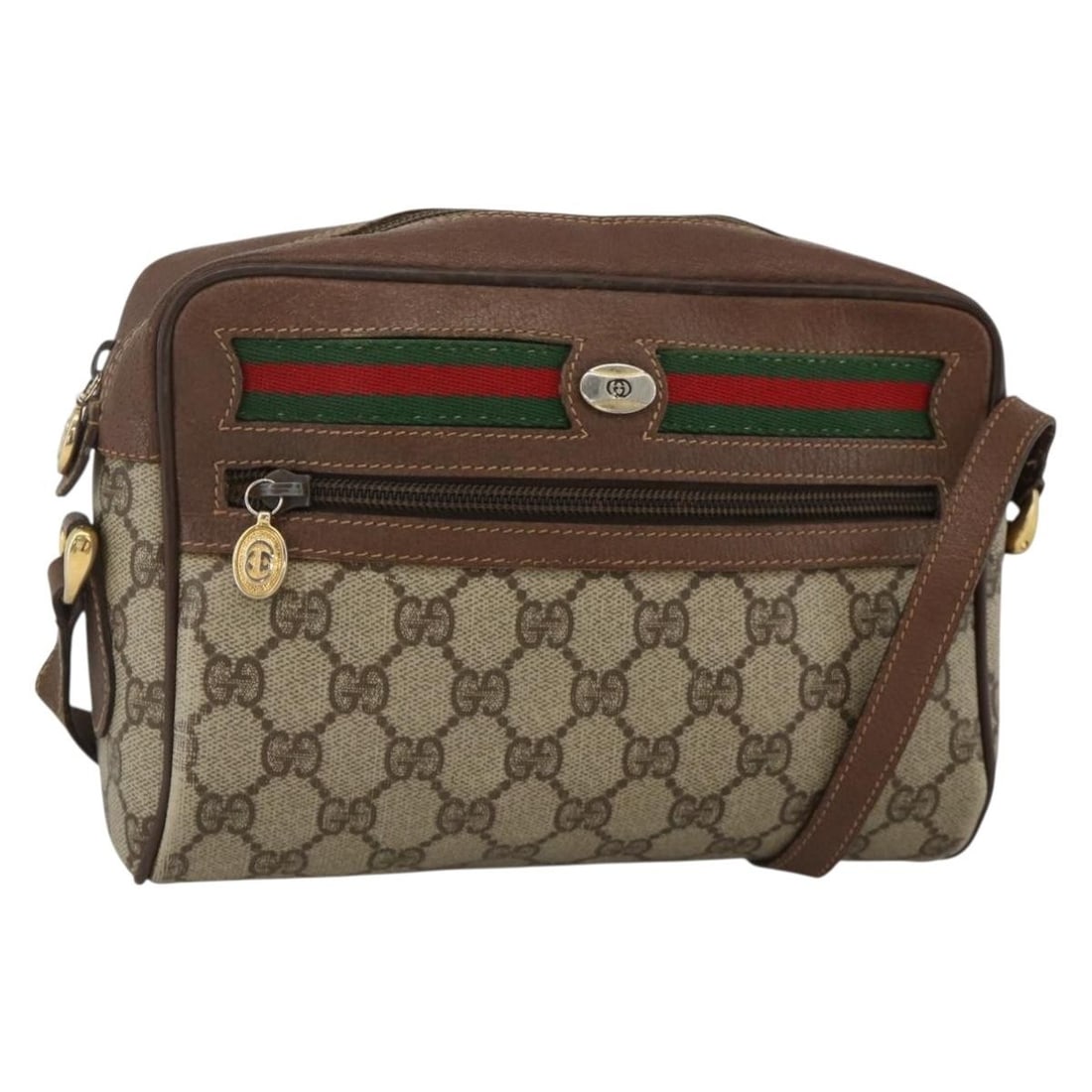 Gucci GG Supreme Beige PVC Shoulder Bag with Web Sherry Line 001 115 6655: Gucci GG Supreme Beige PVC Shoulder Bag with Web Sherry Line 001 115 6655 This is a Gucci GG Supreme Web Sherry Line shoulder bag crafted from beige and gold PVC leather with GG canvas detailing. Desi