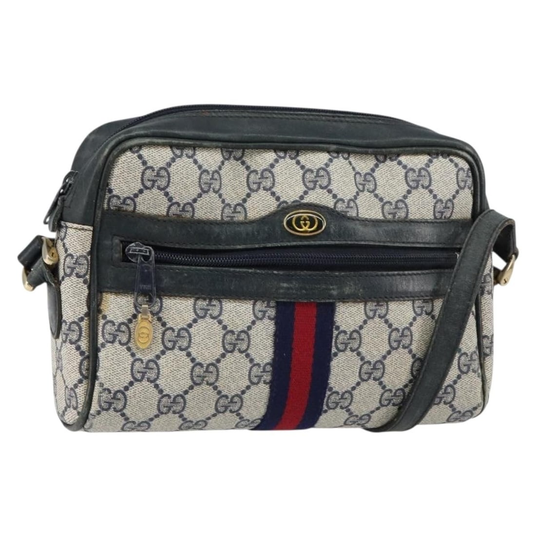 Gucci 010 378 GG Supreme Sherry Shoulder Bag Navy PVC Leather: Gucci 010 378 GG Supreme Sherry Shoulder Bag Navy PVC Leather Gucci GG Supreme Sherry Line shoulder bag in navy and gold PVC leather with GG canvas. Made in Italy, this women's shoulder bag features a