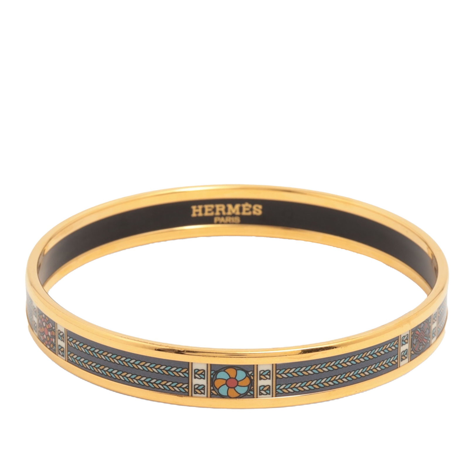 Hermes Narrow Printed Enamel Bracelet Gold Plated Gray 65 (1 of 5)