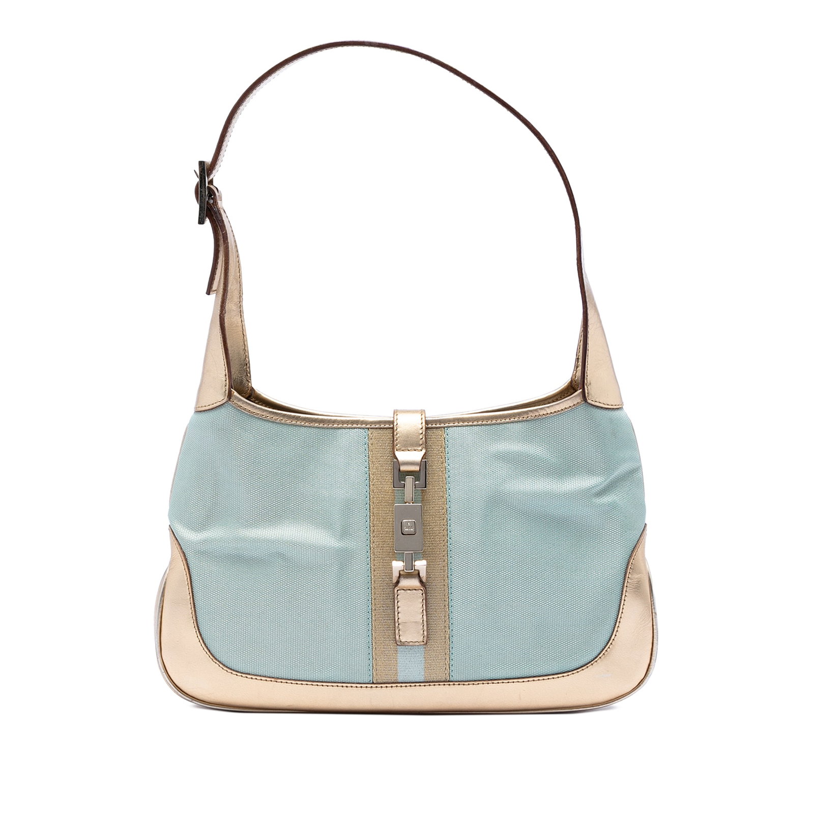 Gucci Jackie Web Canvas Shoulder Bag with Leather Trim: Gucci Jackie Web Canvas Shoulder Bag with Leather Trim Gucci Jackie shoulder bag in green canvas with leather trim. This bag features a flat leather shoulder strap, an open top with a flat strap and p