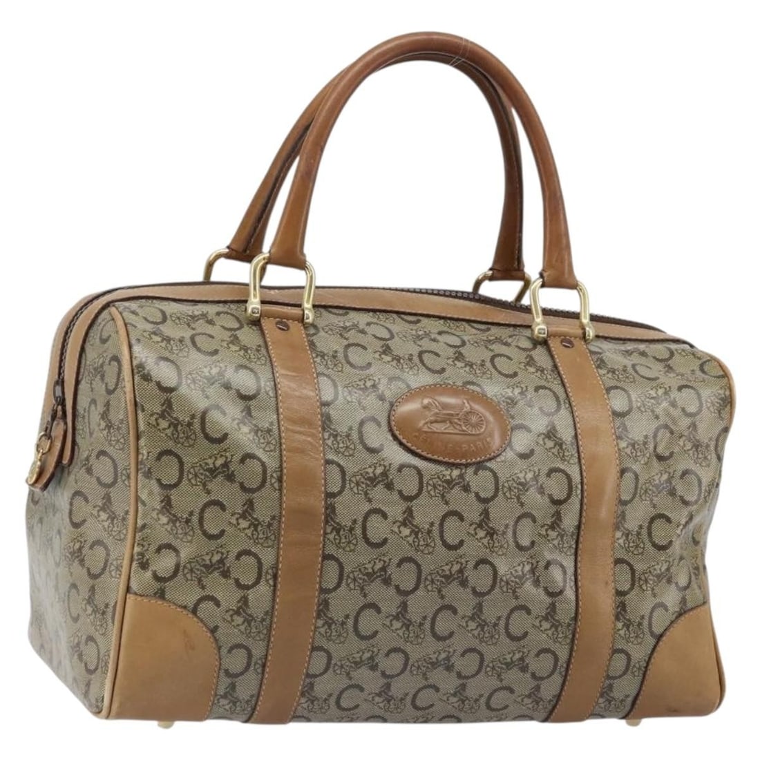 Celine Sulky Beige PVC Leather Handbag with Gold Tone Accents: Celine Sulky Beige PVC Leather Handbag with Gold Tone Accents This CELINE C Sulky hand bag features a beige and gold color scheme and is crafted from PVC leather. Designed for women, it offers a struc