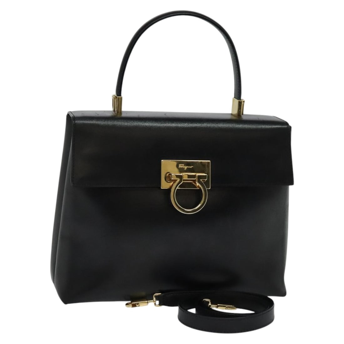 Black Leather Gancini Handbag by Salvatore Ferragamo with Shoulder Strap: Black Leather Gancini Handbag by Salvatore Ferragamo with Shoulder Strap This Salvatore Ferragamo Gancini handbag is crafted from leather in black with gold-tone accents. Designed for women, it can be