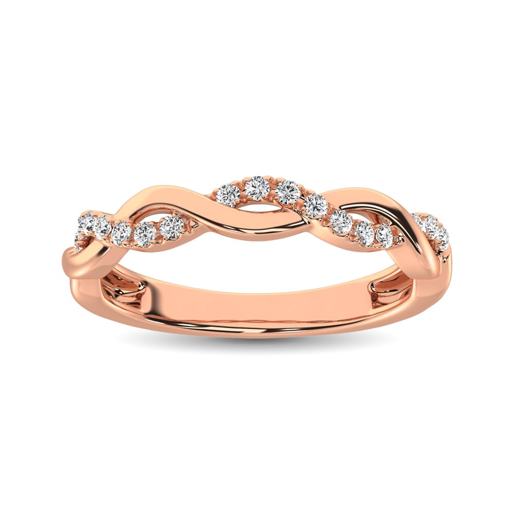 14K Rose Gold 1/20 Ct.Tw. Diamond Wedding Band: 14K Rose Gold 1/20 Ct.Tw. Diamond Wedding Band This eye-catching Wedding Band is available in 14K Rose Gold. There are 15 round diamonds with a total carat weight of 1/20Ct.Tw. set in a prong setting.