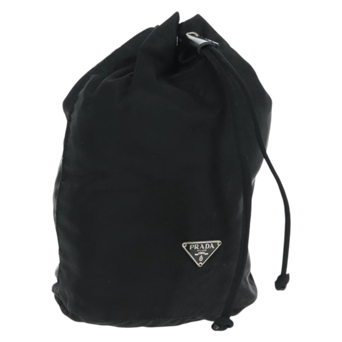 PRADA Black Nylon Drawstring Pouch Silver Tone Made in Italy: PRADA Black Nylon Drawstring Pouch Silver Tone Made in Italy Authentic Prada drawstring pouch in black nylon with silver-tone accents. Made in Italy, this women's pouch has a soft structure and shows 