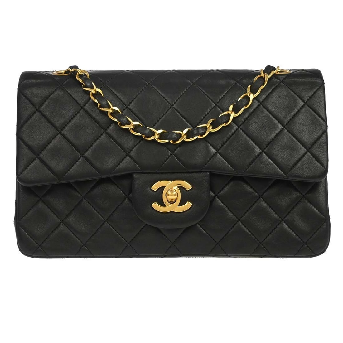 CHANEL Classic Double Flap Small Black Lambskin Shoulder Bag: CHANEL Classic Double Flap Small Black Lambskin Shoulder Bag Chanel Small Classic Double Flap shoulder bag in black lambskin with matelasse quilting and a flap turn-lock closure. This women's shoulder