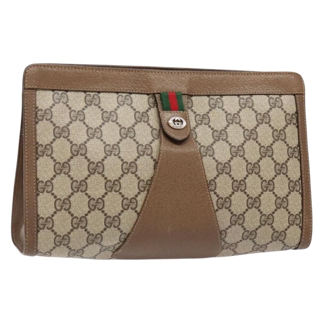GUCCI Sherry Line GG Supreme Beige Gold PVC Clutch Bag 89 01 033: GUCCI Sherry Line GG Supreme Beige Gold PVC Clutch Bag 89 01 033 This is a Gucci GG Supreme Web Sherry Line clutch bag crafted from beige and gold PVC leather with GG canvas detailing. The bag feature