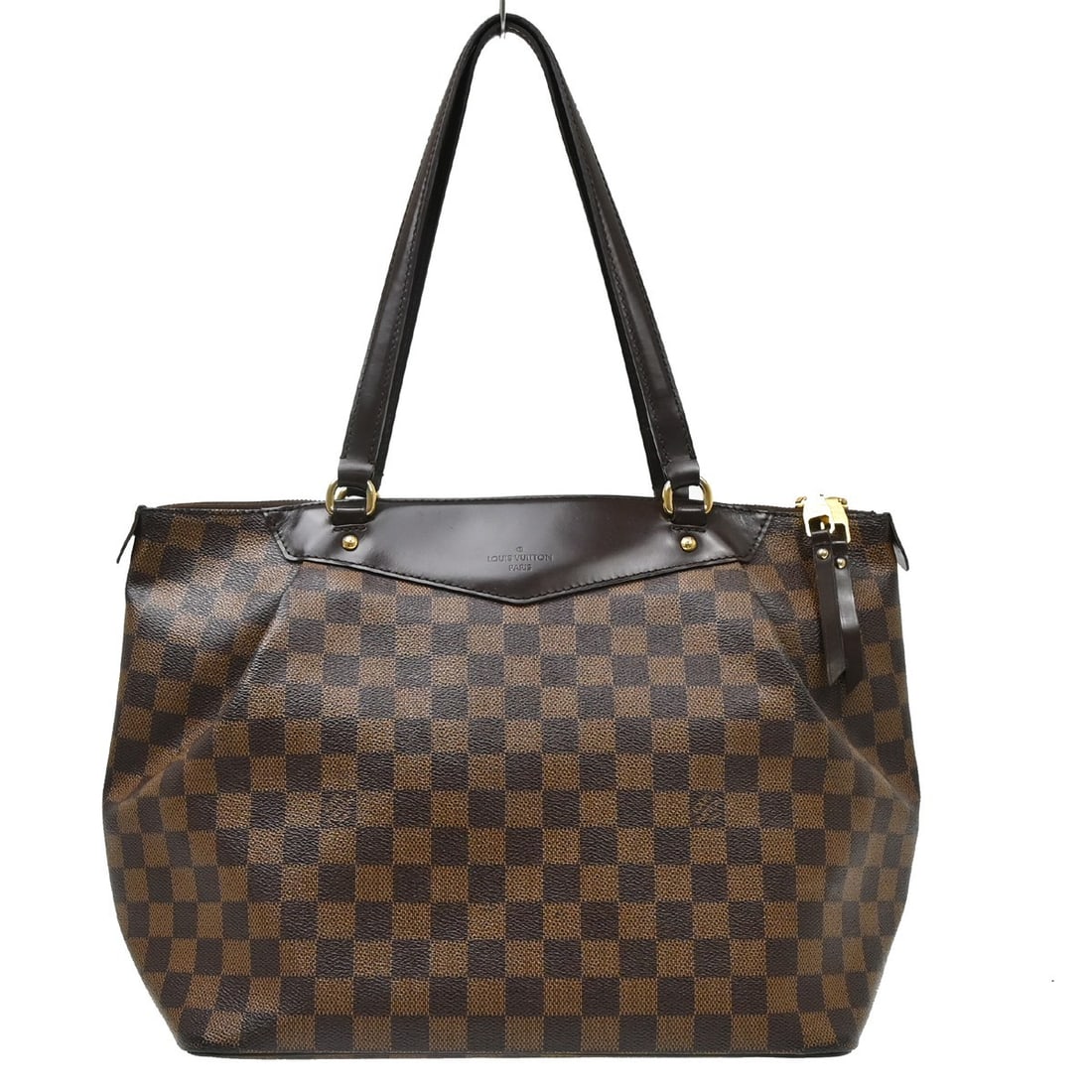 Louis Vuitton Westminster GM Damier Ebene Tote N41103 DR2112: Louis Vuitton Westminster GM Damier Ebene Tote N41103 DR2112 Vintage Louis Vuitton Westminster GM shoulder tote bag in Damier canvas with leather trim. This women's bag features a zip closure, red can