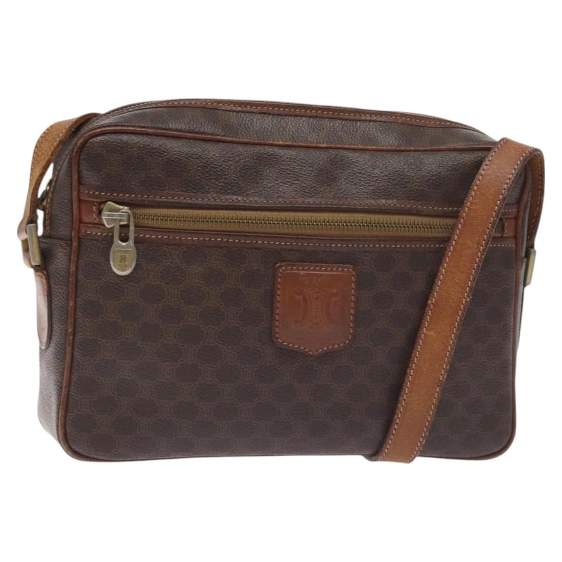 CELINE Macadam Canvas Brown Gold Shoulder Bag Italy: CELINE Macadam Canvas Brown Gold Shoulder Bag Italy This CELINE Macadam shoulder bag features a brown and gold PVC leather exterior with Macadam canvas detailing. Designed for women, the bag is made i