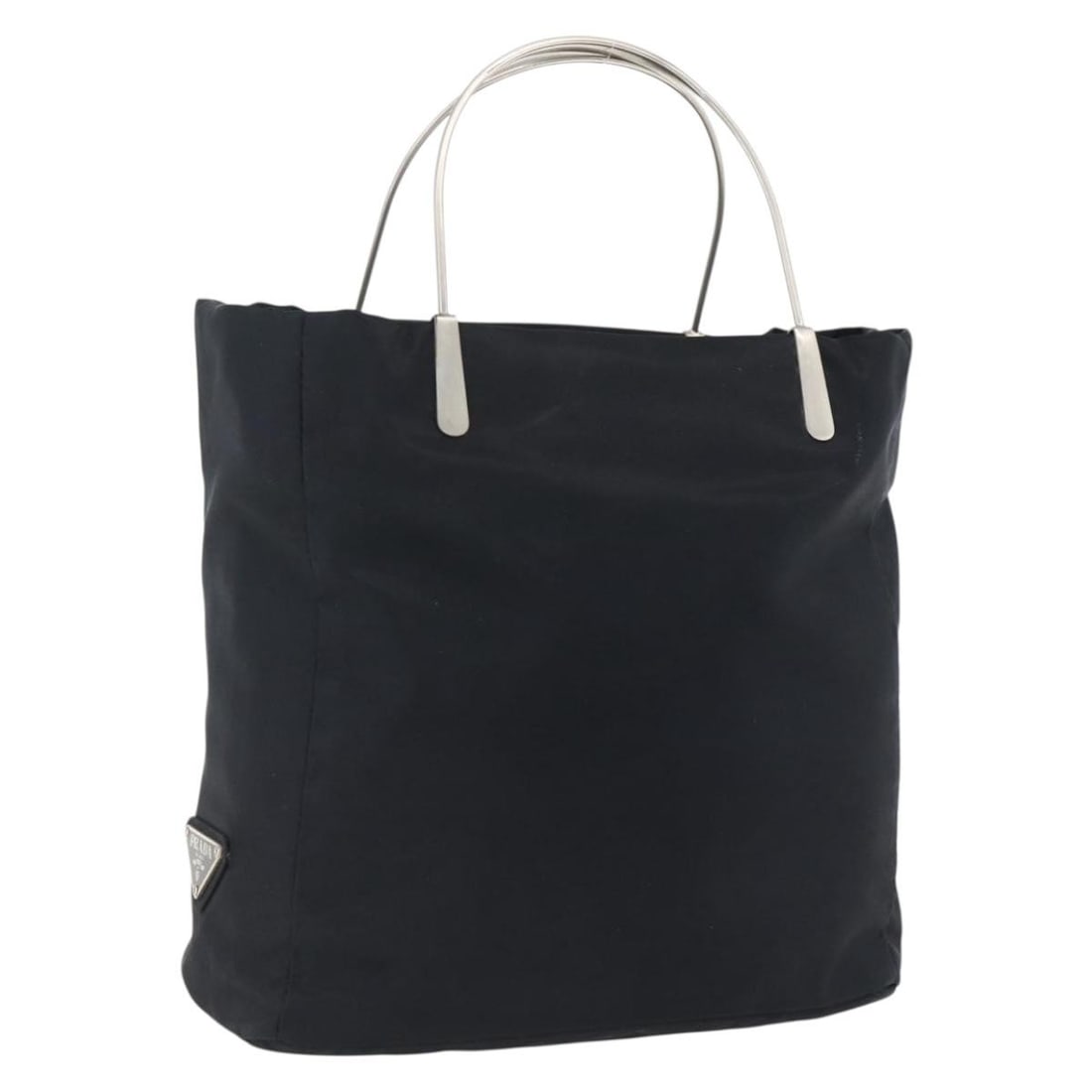PRADA Nylon Handbag Black Silver Tone Made in Italy: PRADA Nylon Handbag Black Silver Tone Made in Italy Prada women's hand bag in black nylon with silver-tone accents, made in Italy. This pre-owned piece is offered without the original box or dust bag;