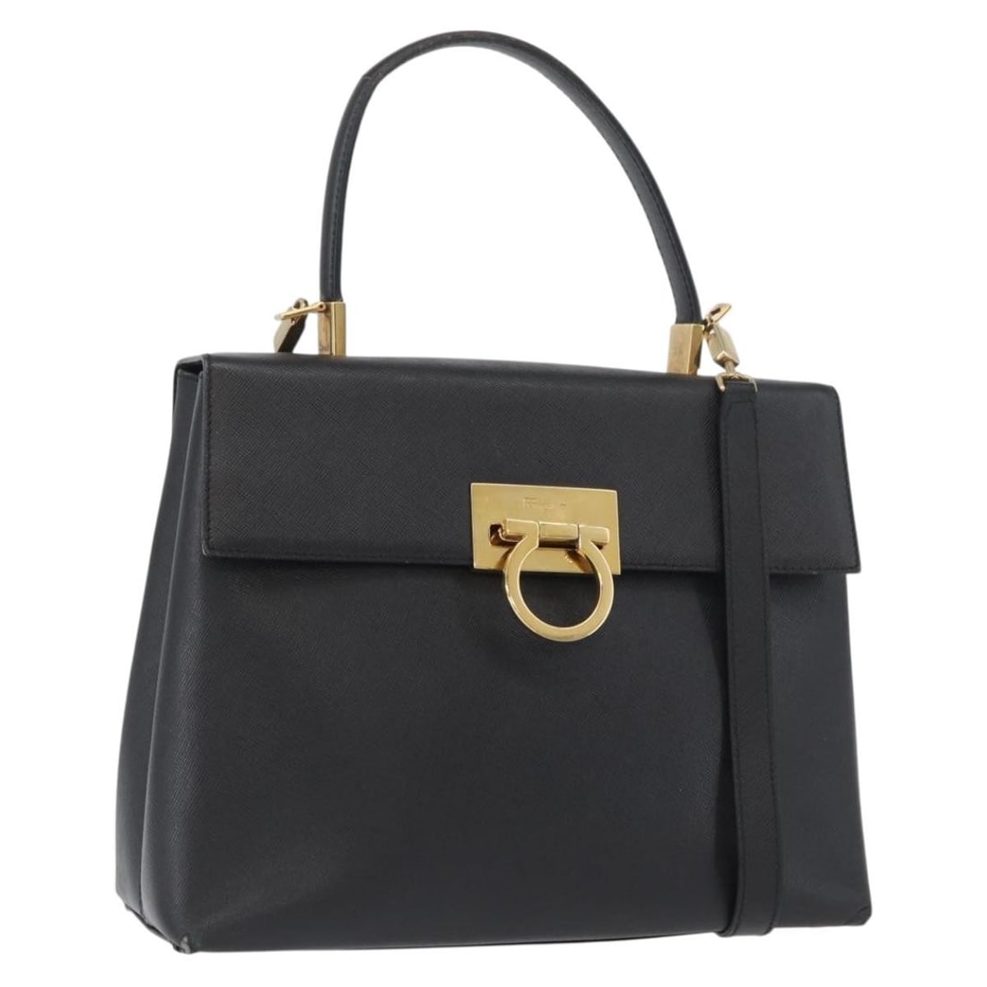 Black Leather Gancini Shoulder and Handbag by Salvatore Ferragamo with Gold Accents: Black Leather Gancini Shoulder and Handbag by Salvatore Ferragamo with Gold Accents This Salvatore Ferragamo Gancini handbag is crafted from black leather and features gold-tone accents. The 2-way des