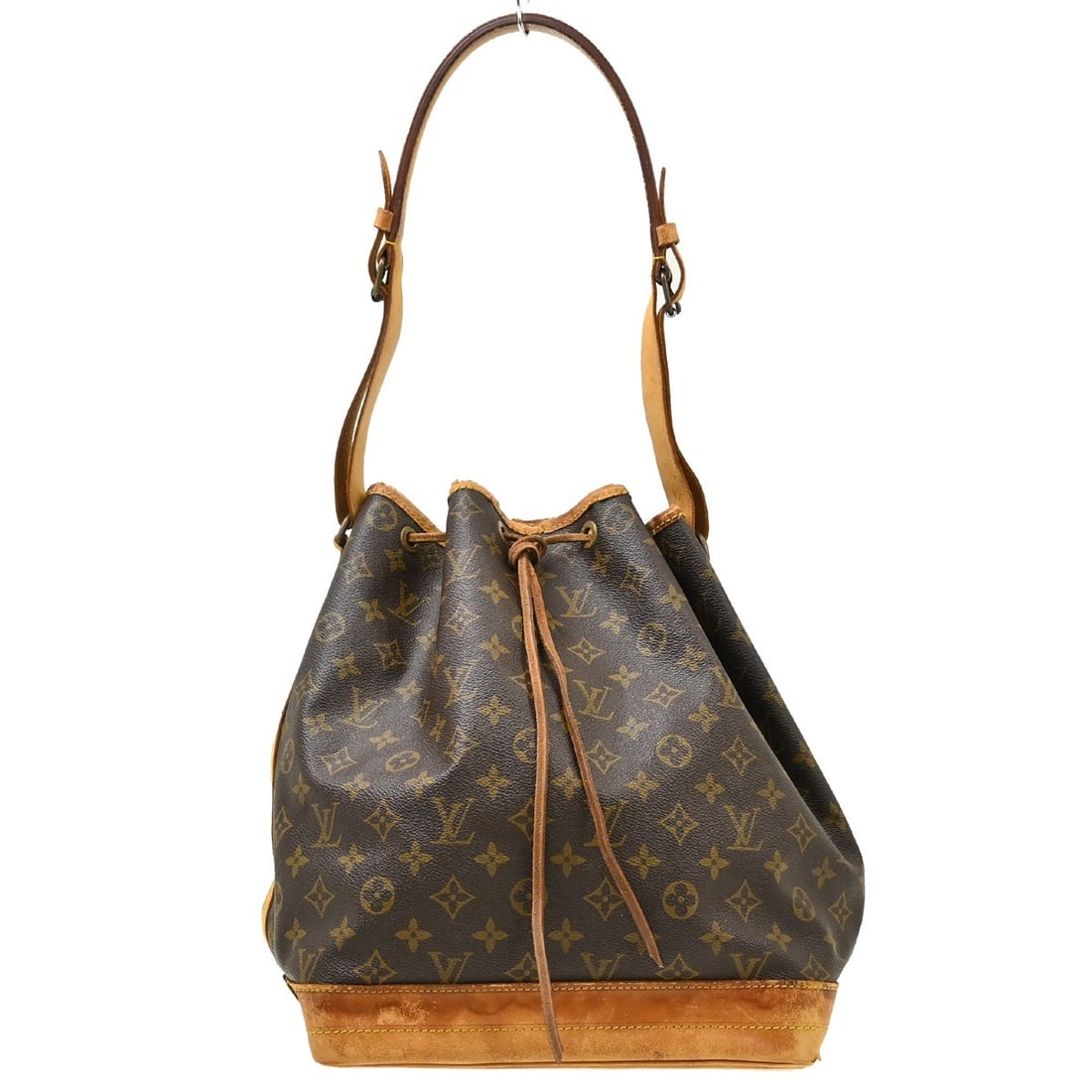 Louis Vuitton Noe Monogram Canvas Shoulder Bag Drawstring M42224: Louis Vuitton Noe Monogram Canvas Shoulder Bag Drawstring M42224 Vintage Louis Vuitton Noe drawstring shoulder bag in brown monogram canvas with leather trim. This unisex shoulder bag features a draws