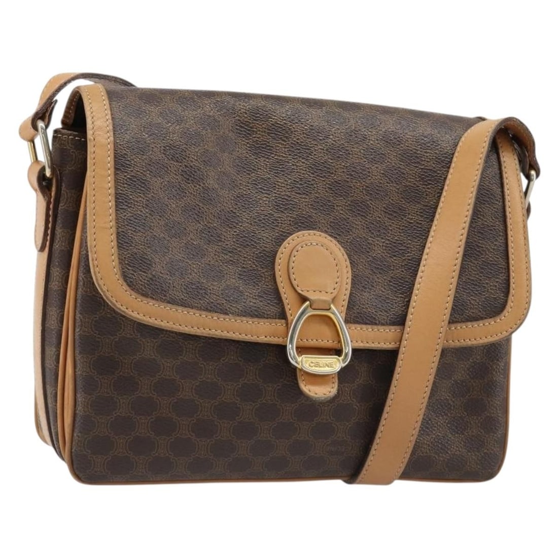 CELINE Macadam Shoulder Bag Brown PVC Leather Gold Tone: CELINE Macadam Shoulder Bag Brown PVC Leather Gold Tone Celine shoulder bag in brown Macadam canvas with PVC leather trim and gold-tone accents. Made in Italy, this women's bag features a compact silh