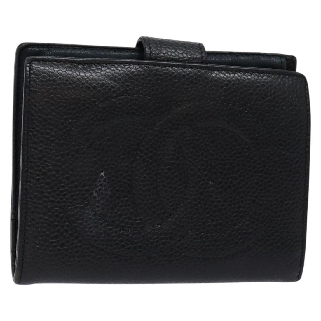CHANEL Caviar Skin Bifold Wallet Black with Gold CC: CHANEL Caviar Skin Bifold Wallet Black with Gold CC CHANEL bifold wallet in black grained calfskin, also described as caviar skin, with gold-tone CC detailing. Made in France, this women's wallet is a