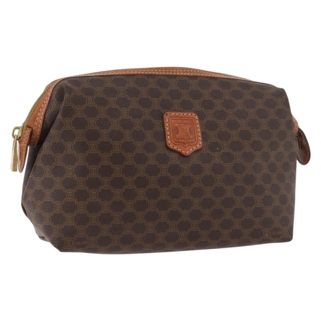 CELINE Macadam Canvas Brown Gold Vanity Pouch: CELINE Macadam Canvas Brown Gold Vanity Pouch This CELINE Macadam Canvas Vanity Pouch features brown and gold PVC leather with the iconic Macadam pattern. Designed for women, it offers a compact yet f