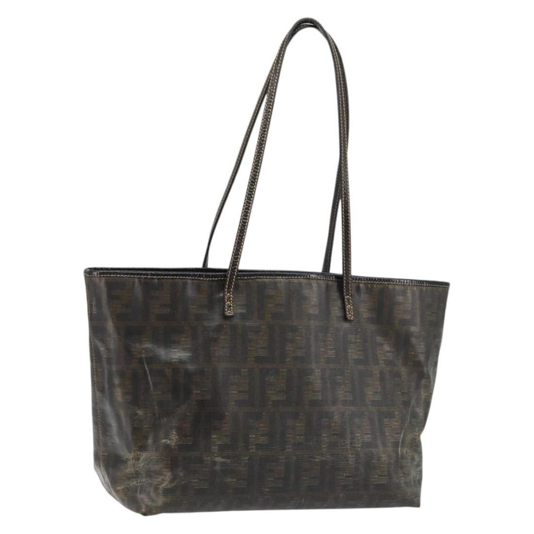 Fendi Zucca Tote Bag in Brown Black Coated Canvas: Fendi Zucca Tote Bag in Brown Black Coated Canvas FENDI tote bag in brown and black Zucca coated canvas, made in Italy. This women's bag includes only the item shown in the photo; item box and dust ba