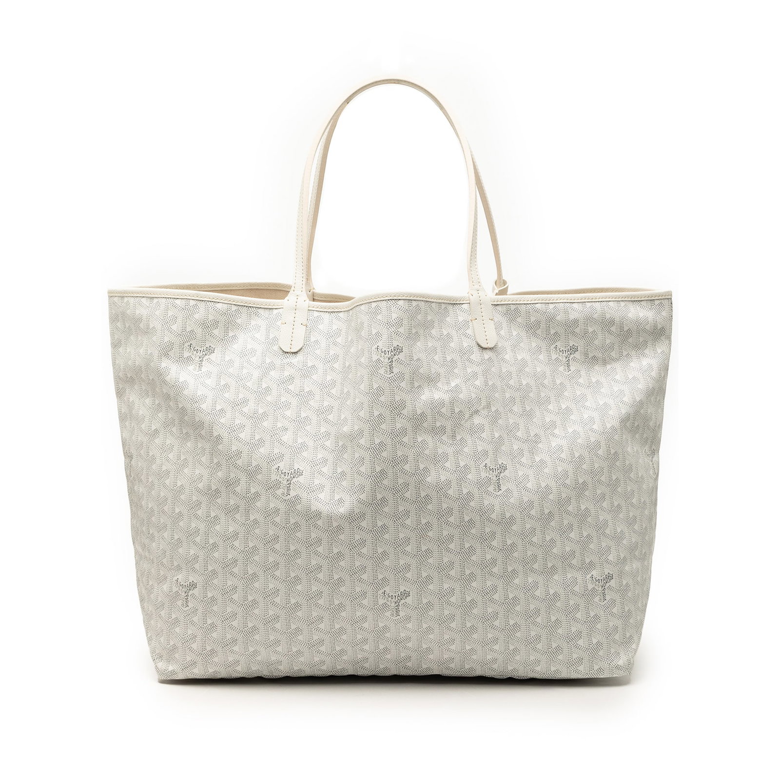 Goyard Saint Louis GM White Coated Canvas Tote: Goyard Saint Louis GM White Coated Canvas Tote This Goyardine Saint Louis GM bag features a coated canvas body with flat leather handles and an open top design. The bag is crafted in France and comes 