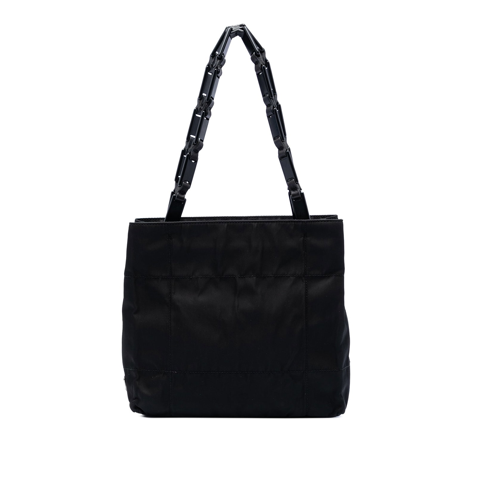 Prada black nylon tote with resin chain straps: Prada black nylon tote with resin chain straps This Prada Tessuto Impunto Chain Tote is crafted from durable black nylon fabric and features distinctive resin chain straps. The bag is designed with an
