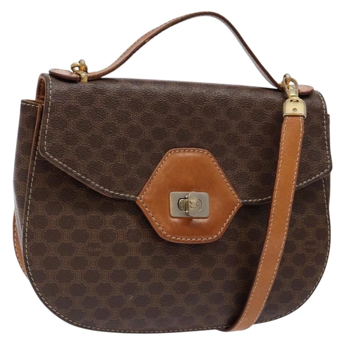 CELINE Macadam PVC Leather Hand Bag Brown Gold Made in Italy: CELINE Macadam PVC Leather Hand Bag Brown Gold Made in Italy This authentic CELINE Macadam Canvas Hand Bag features a luxurious combination of PVC leather and Macadam canvas in a sophisticated brown a