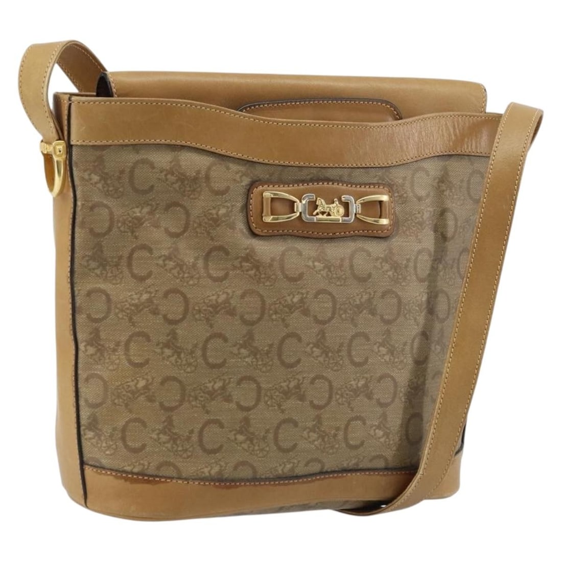 Celine Sulky Beige PVC Shoulder Bag with Gold Tone Hardware: Celine Sulky Beige PVC Shoulder Bag with Gold Tone Hardware This Celine C Sulky shoulder bag features a beige and gold color scheme with a PVC leather exterior. The bag is designed for women and is ma