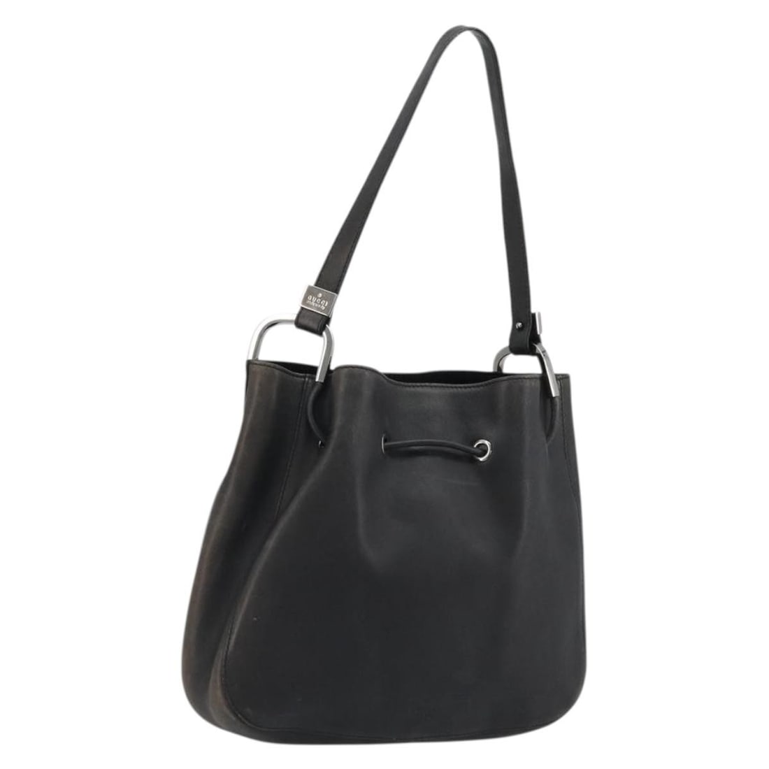 Gucci black leather shoulder bag 001 3748 silver trim: Gucci black leather shoulder bag 001 3748 silver trim This Gucci shoulder bag features a classic black leather exterior with silver accents. Designed for women, it offers a spacious interior and a com