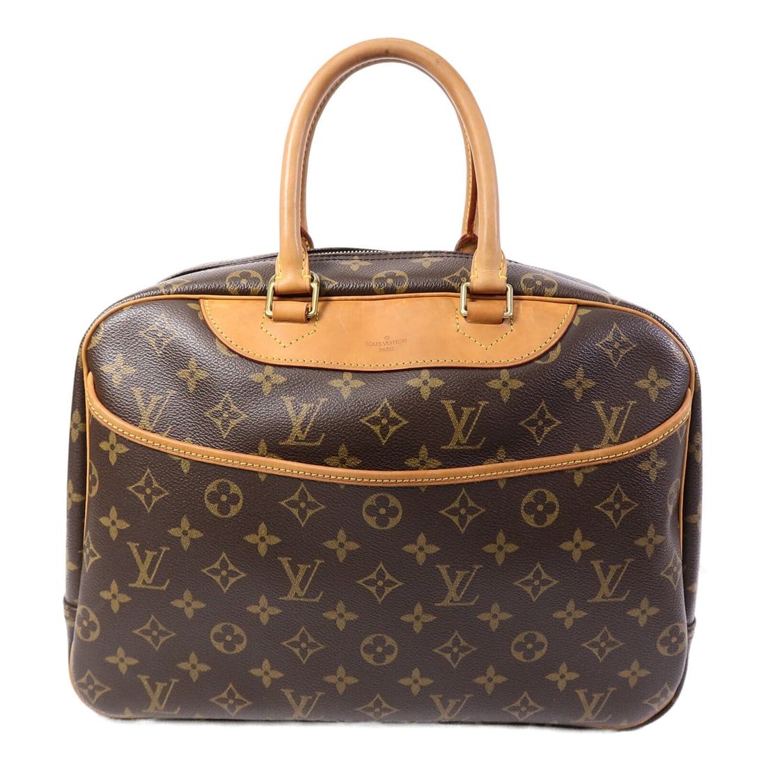Louis Vuitton Deauville Monogram Brown PVC Canvas Handbag: Louis Vuitton Deauville Monogram Brown PVC Canvas Handbag This Louis Vuitton Deauville handbag features the iconic monogram pattern on durable PVC coated canvas in brown. It is equipped with gold-tone