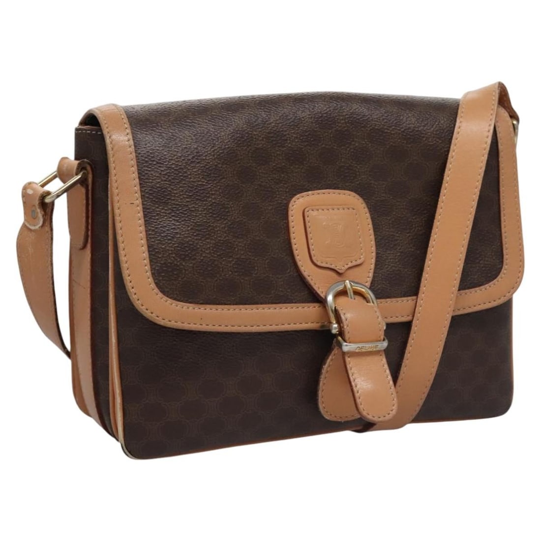 Celine Macadam PVC Canvas Shoulder Bag Brown Gold Hardware Italy: Celine Macadam PVC Canvas Shoulder Bag Brown Gold Hardware Italy This CELINE Macadam shoulder bag features a classic brown and gold color scheme crafted from PVC leather and Macadam canvas. Designed f
