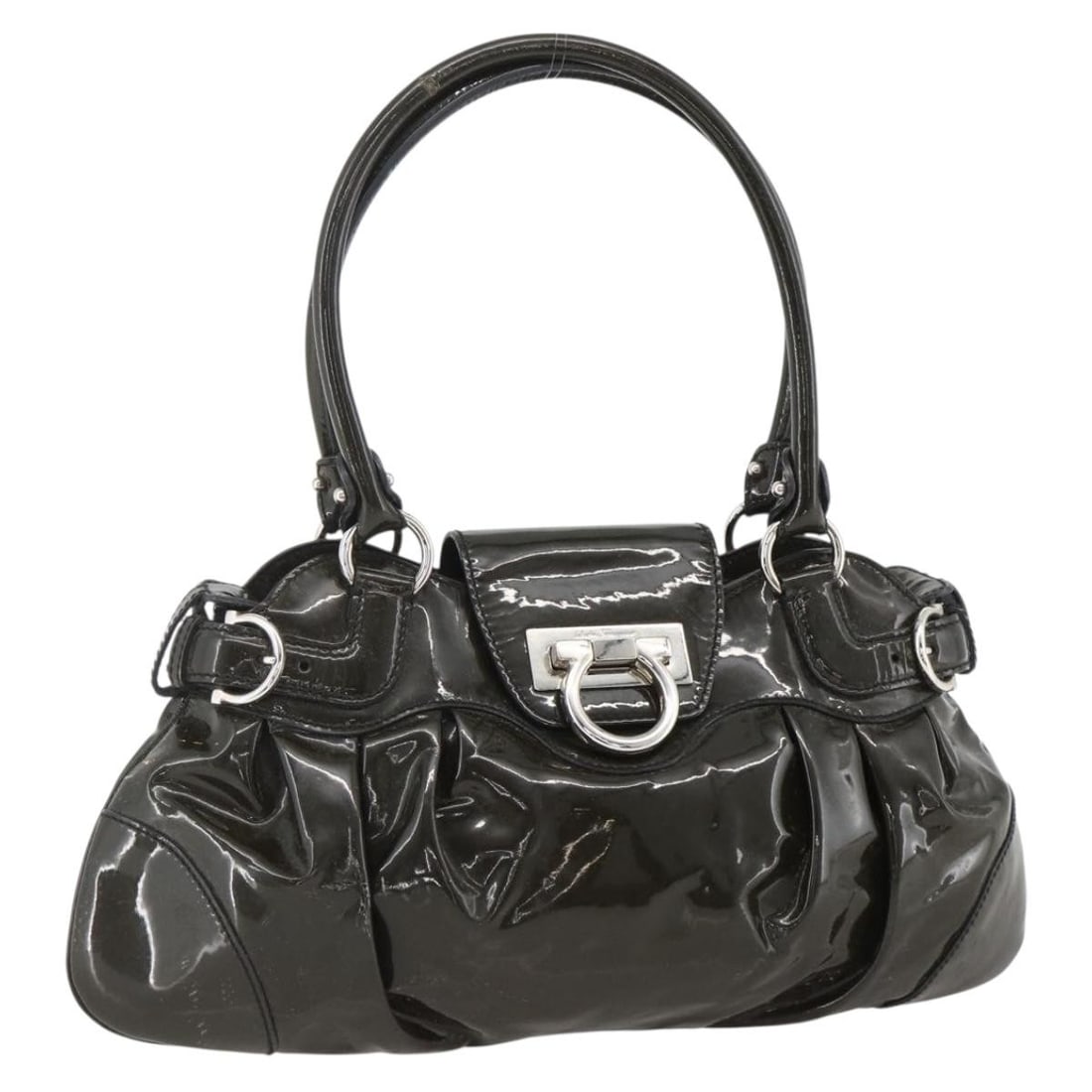 Salvatore Ferragamo Gancini patent leather khaki silver handbag: Salvatore Ferragamo Gancini patent leather khaki silver handbag This Salvatore Ferragamo Gancini handbag is crafted from khaki patent leather with silver-tone accents. Designed for women, it features 
