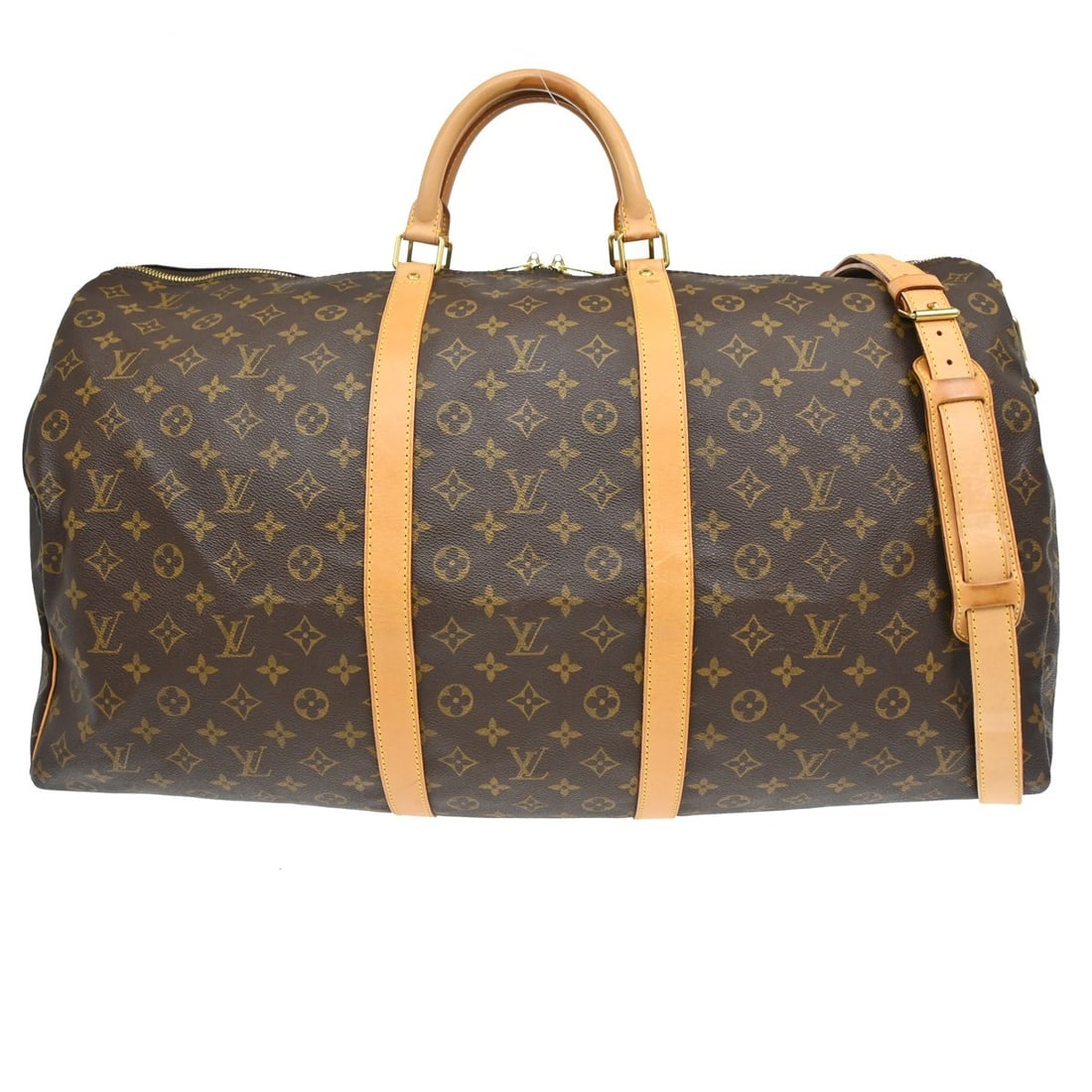 Louis Vuitton Keepall Bandouliere 60 Monogram Travel Duffle M41412: Louis Vuitton Keepall Bandouliere 60 Monogram Travel Duffle M41412 Vintage Louis Vuitton Keepall Bandouliere 60 duffle bag in brown Monogram canvas with leather trim. This extra-large travel bag featu