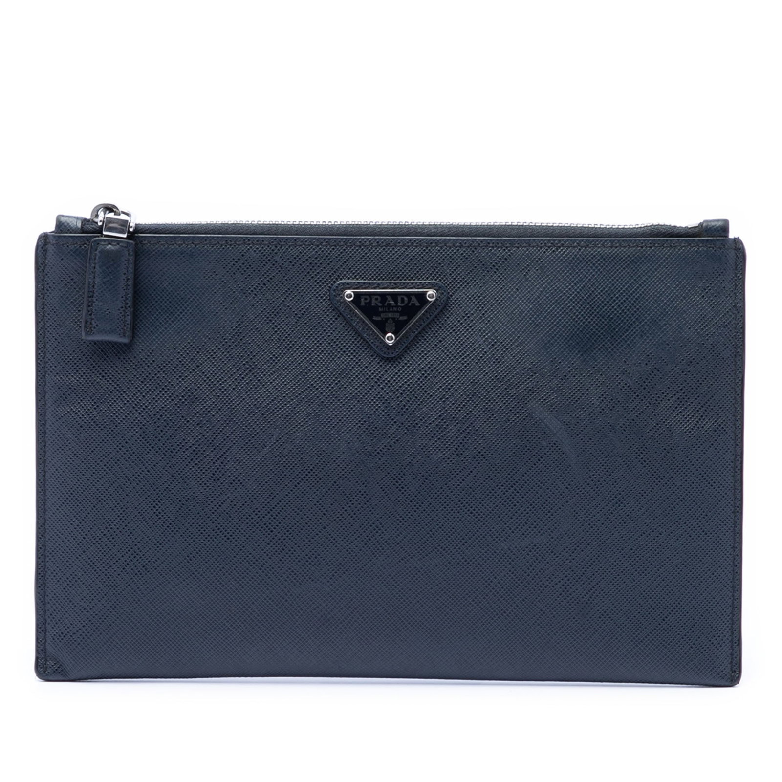 Prada blue leather zip clutch bag: Prada blue leather zip clutch bag This Prada Saffiano Clutch is crafted from blue leather and features a top zip closure with interior slip pockets for organization. The bag is made in Italy and exhib