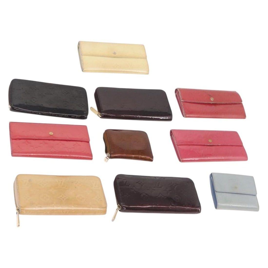 Louis Vuitton Vernis bronze amarante perle wallet auth: Louis Vuitton Vernis bronze amarante perle wallet auth This is a bundle of ten Louis Vuitton wallets crafted from Monogram Canvas in a mix of Monogram, Bronze, Amarante, and Perle colors. Designed for