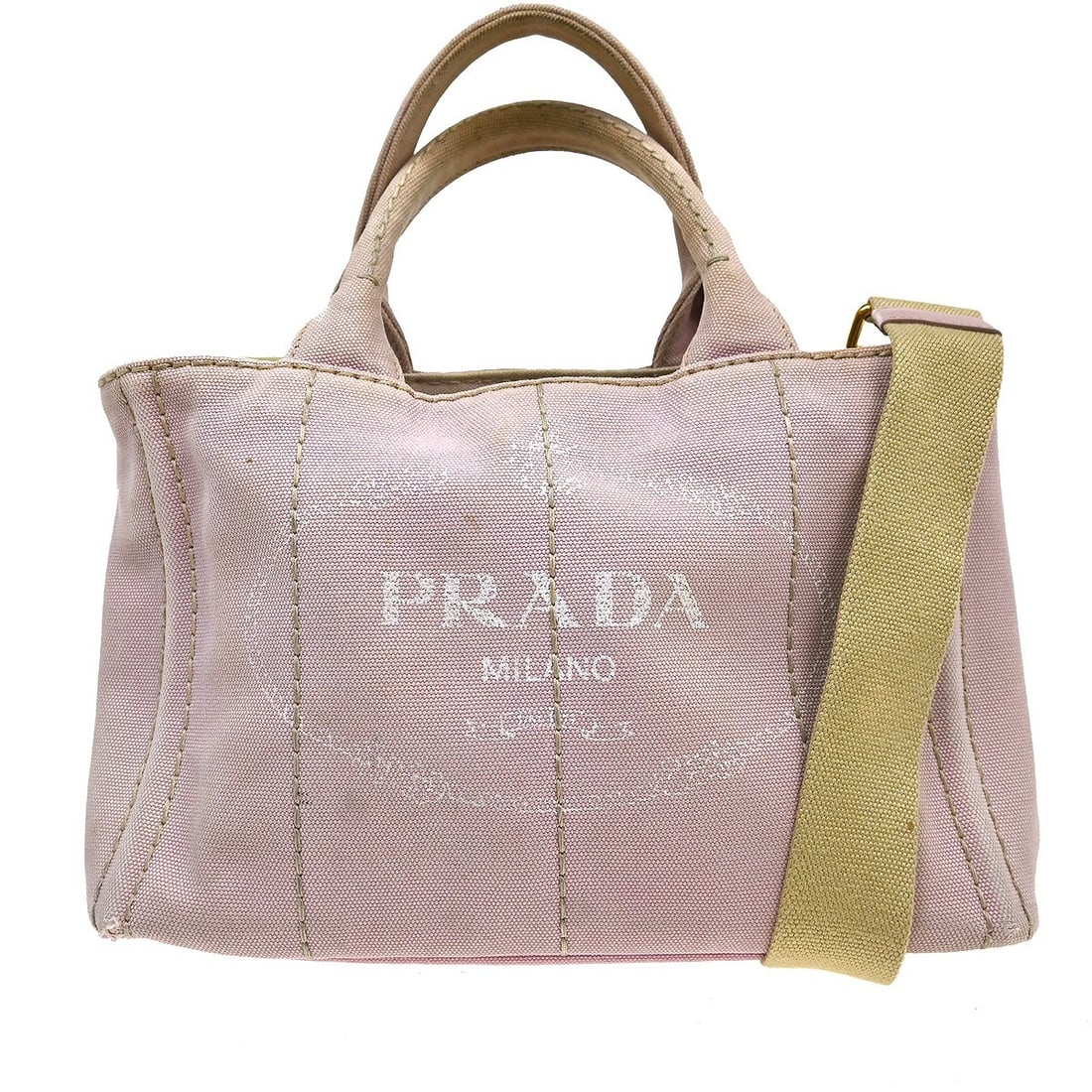 PRADA Canapa Medium Pink Canvas 2way Tote Bag: PRADA Canapa Medium Pink Canvas 2way Tote Bag Prada Canapa 2way tote handbag in pink and beige canvas with logo accent. This medium women's bag features a structured tote style and includes a shoulder