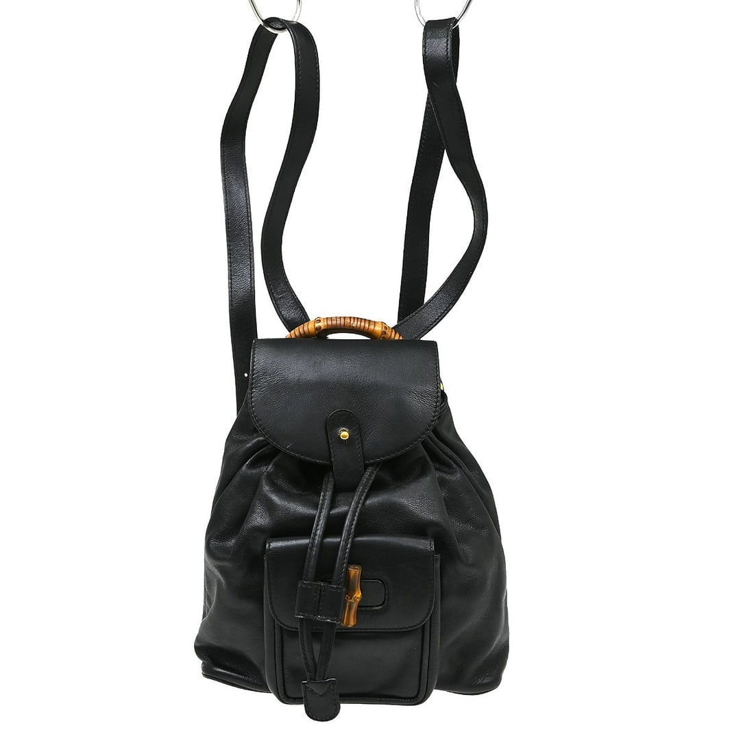 Gucci Bamboo Small Black Leather Backpack Top Handle: Gucci Bamboo Small Black Leather Backpack Top Handle Small Gucci Bamboo backpack in black leather with bamboo accents and a top handle. This 2-way bag features a buckle closure, one exterior pocket, o