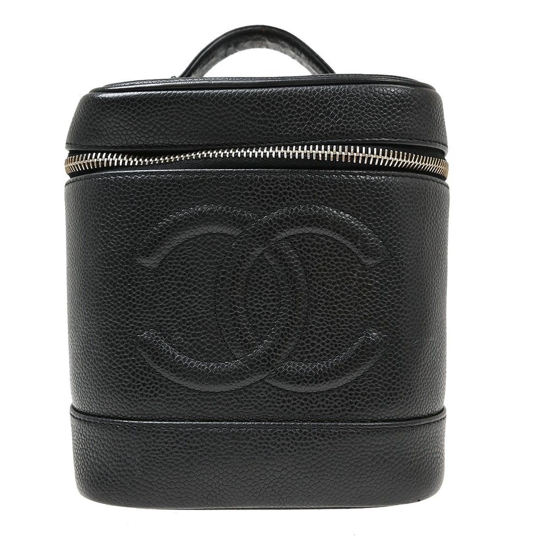 CHANEL CC Cosmetic Vanity Bag Black Caviar Leather Top Handle: CHANEL CC Cosmetic Vanity Bag Black Caviar Leather Top Handle Chanel Timeless vanity handbag in black caviar skin leather with a top handle, zip closure, leather lining, and one interior pocket. This 