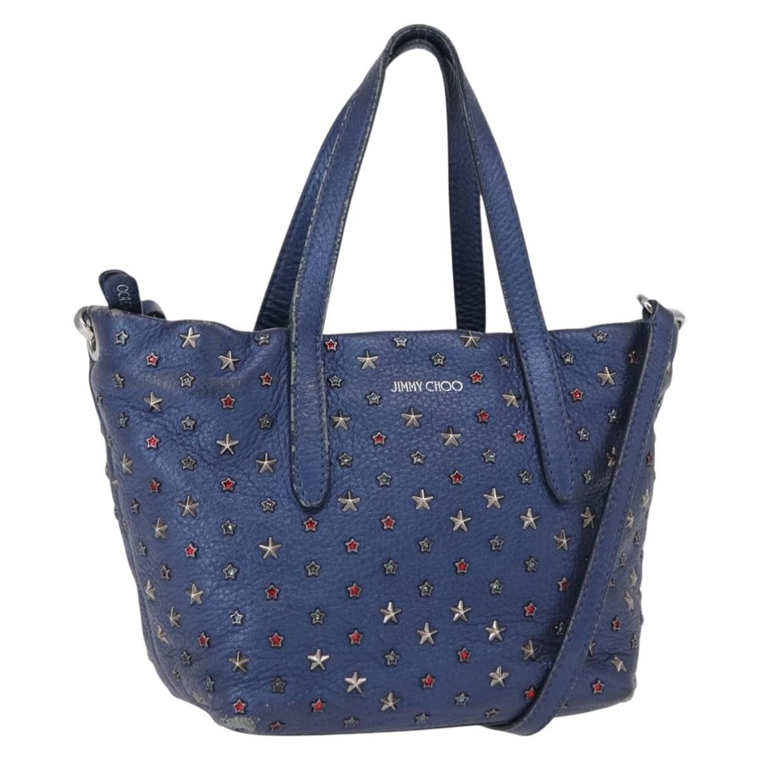 Jimmy Choo blue leather 2way handbag with studs and shoulder strap: Jimmy Choo blue leather 2way handbag with studs and shoulder strap Jimmy Choo 2-way handbag in blue and silver leather with stud detailing. Made in Italy, this women's bag includes a shoulder strap an