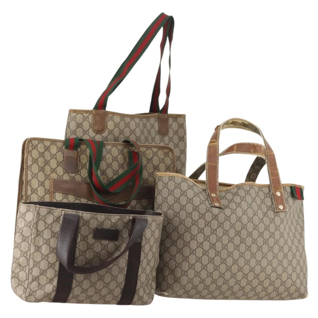 Gucci Sherry Line PVC Leather Tote Bag Beige Brown Set: Gucci Sherry Line PVC Leather Tote Bag Beige Brown Set This is a special set of four GUCCI GG Supreme Web Sherry Line tote bags in beige and brown. Crafted from PVC leather and GG canvas, these bags a