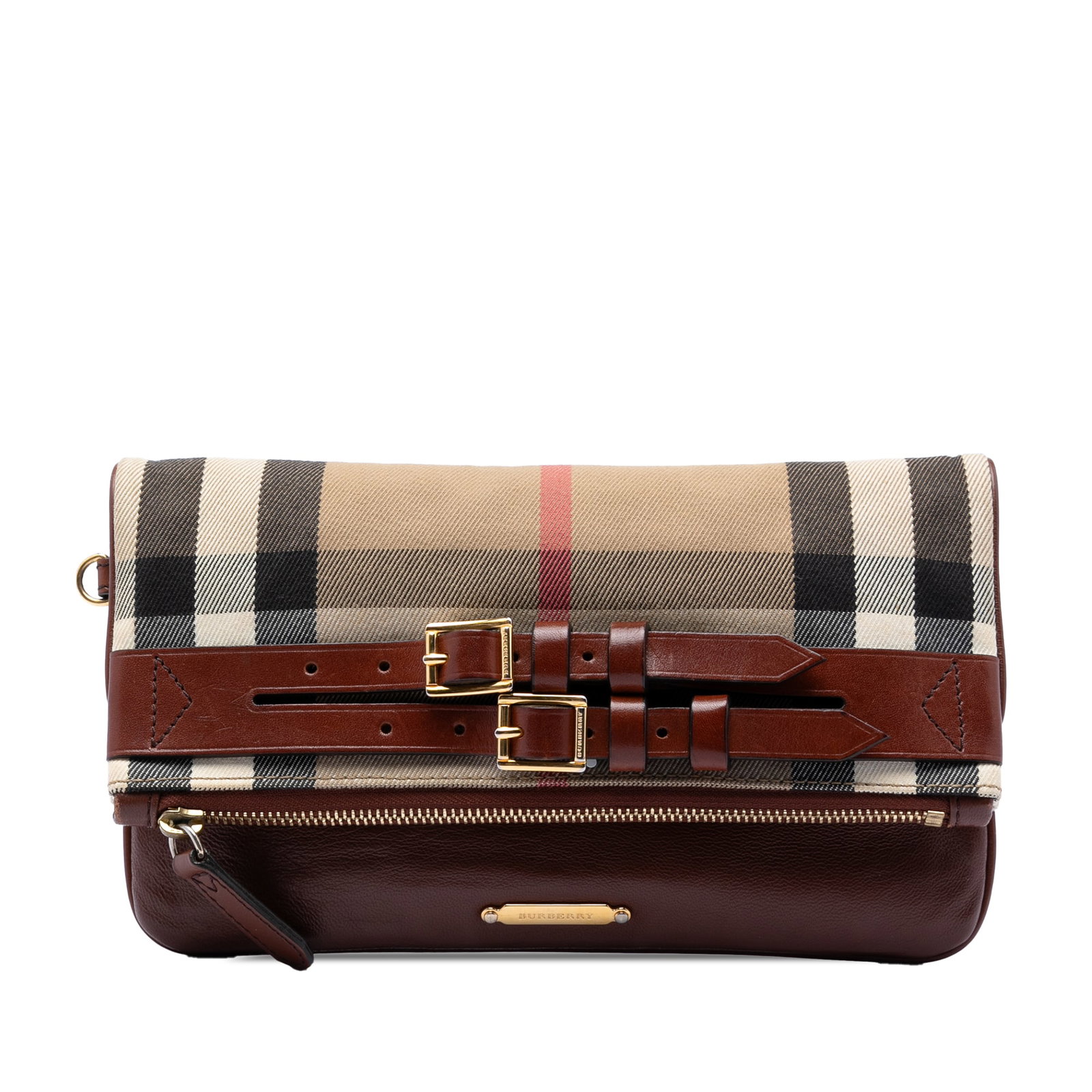 Burberry Adeline fold over wristlet clutch in House Check canvas leather: Burberry Adeline fold over wristlet clutch in House Check canvas leather Burberry Adeline fold-over wristlet clutch crafted with a house check canvas and leather body. The design features a fold-over 