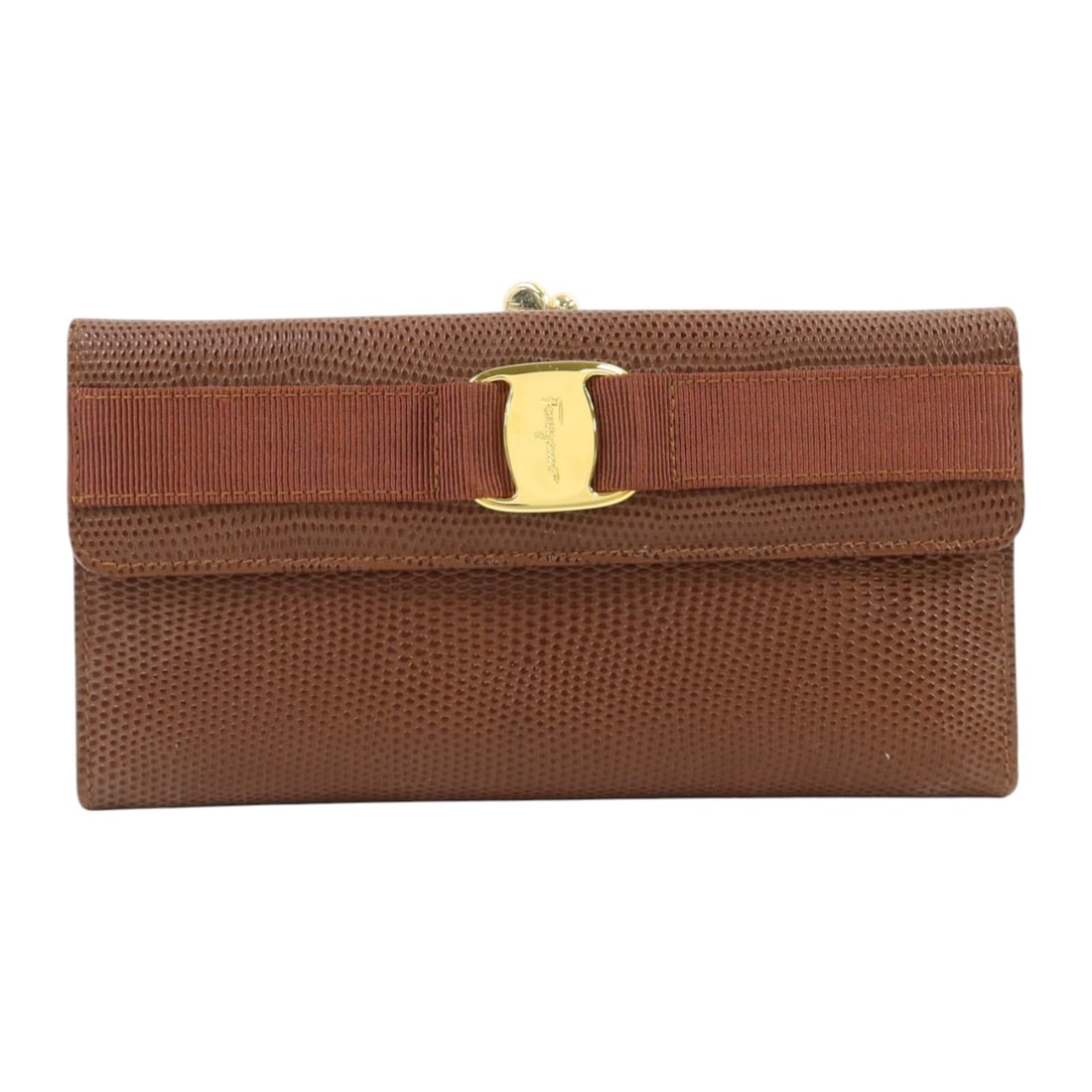Salvatore Ferragamo Embossed Brown Calfskin Bifold Wallet with Gold Hardware: Salvatore Ferragamo Embossed Brown Calfskin Bifold Wallet with Gold Hardware This Salvatore Ferragamo long wallet is crafted from embossed calfskin leather in a brown tone. Designed as a bifold purse 