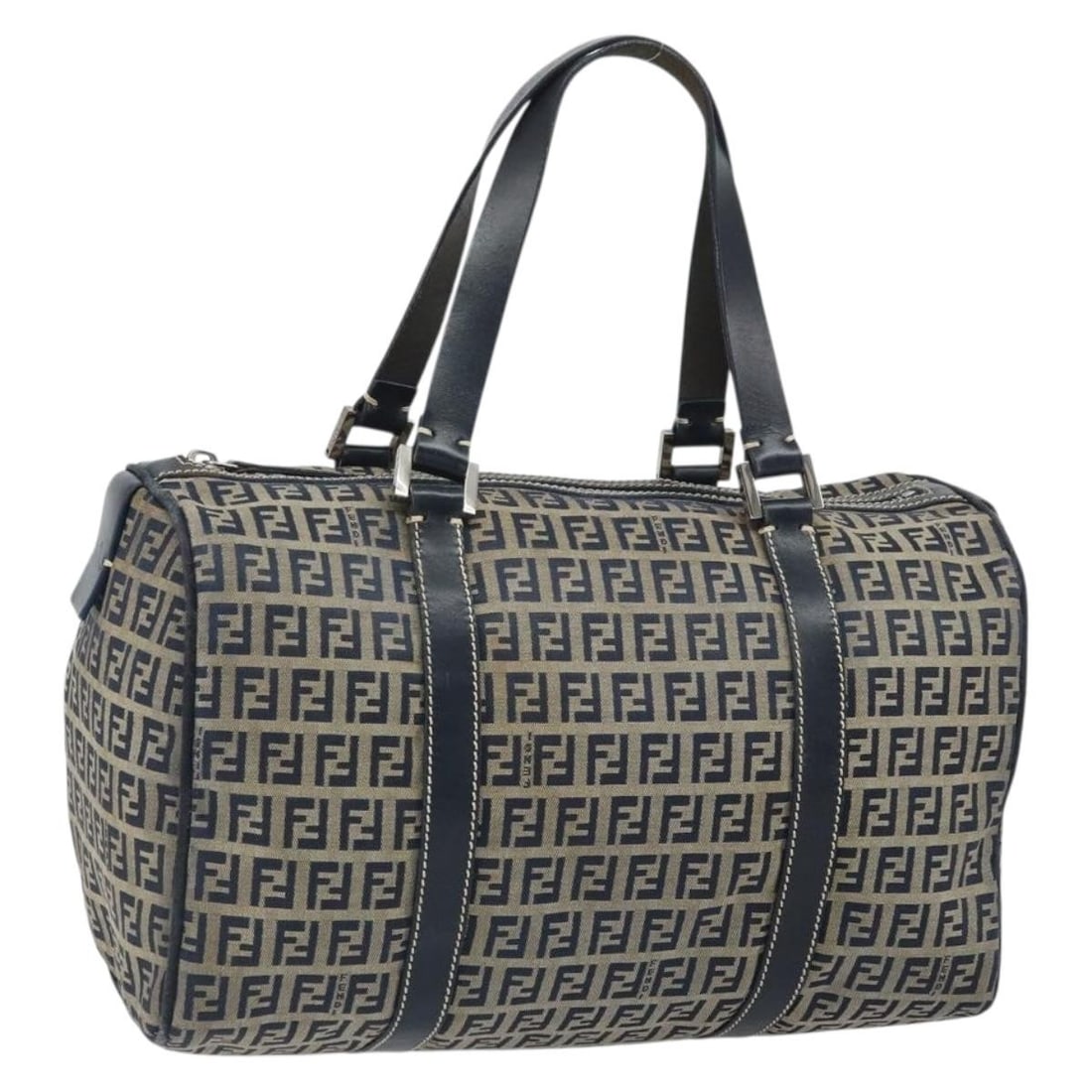 Navy Zucchino Canvas Boston Bag by Fendi Silver Accents: Navy Zucchino Canvas Boston Bag by Fendi Silver Accents This FENDI Boston bag features the iconic Zucchino canvas in navy and silver tones. Crafted in Italy, it offers a spacious main compartment and 