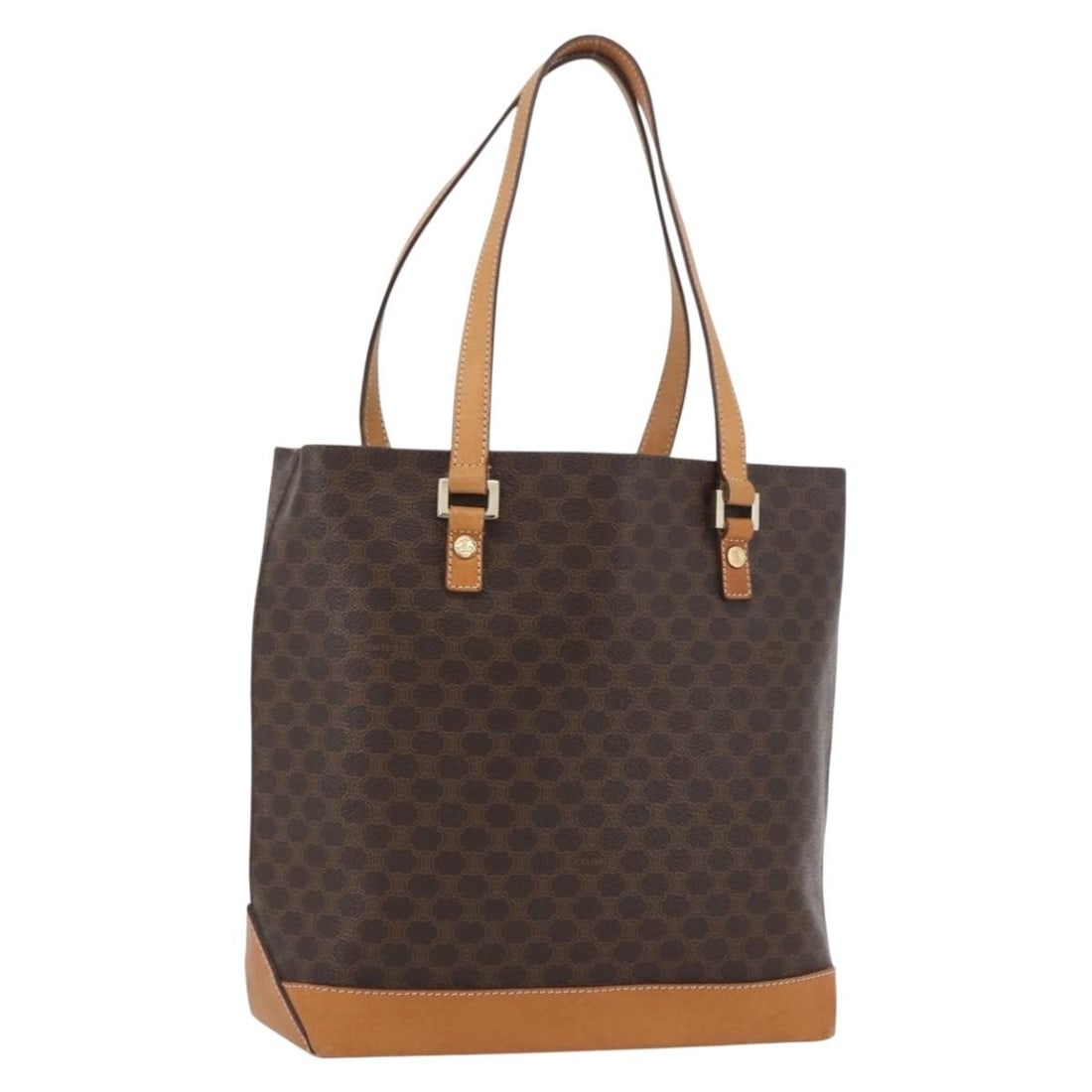 CELINE Macadam Canvas Handbag Brown PVC Leather Gold Tone: CELINE Macadam Canvas Handbag Brown PVC Leather Gold Tone Celine Macadam canvas hand bag in brown with gold-tone accents, crafted with PVC leather trim. Made in Italy, this women's handbag is offered 
